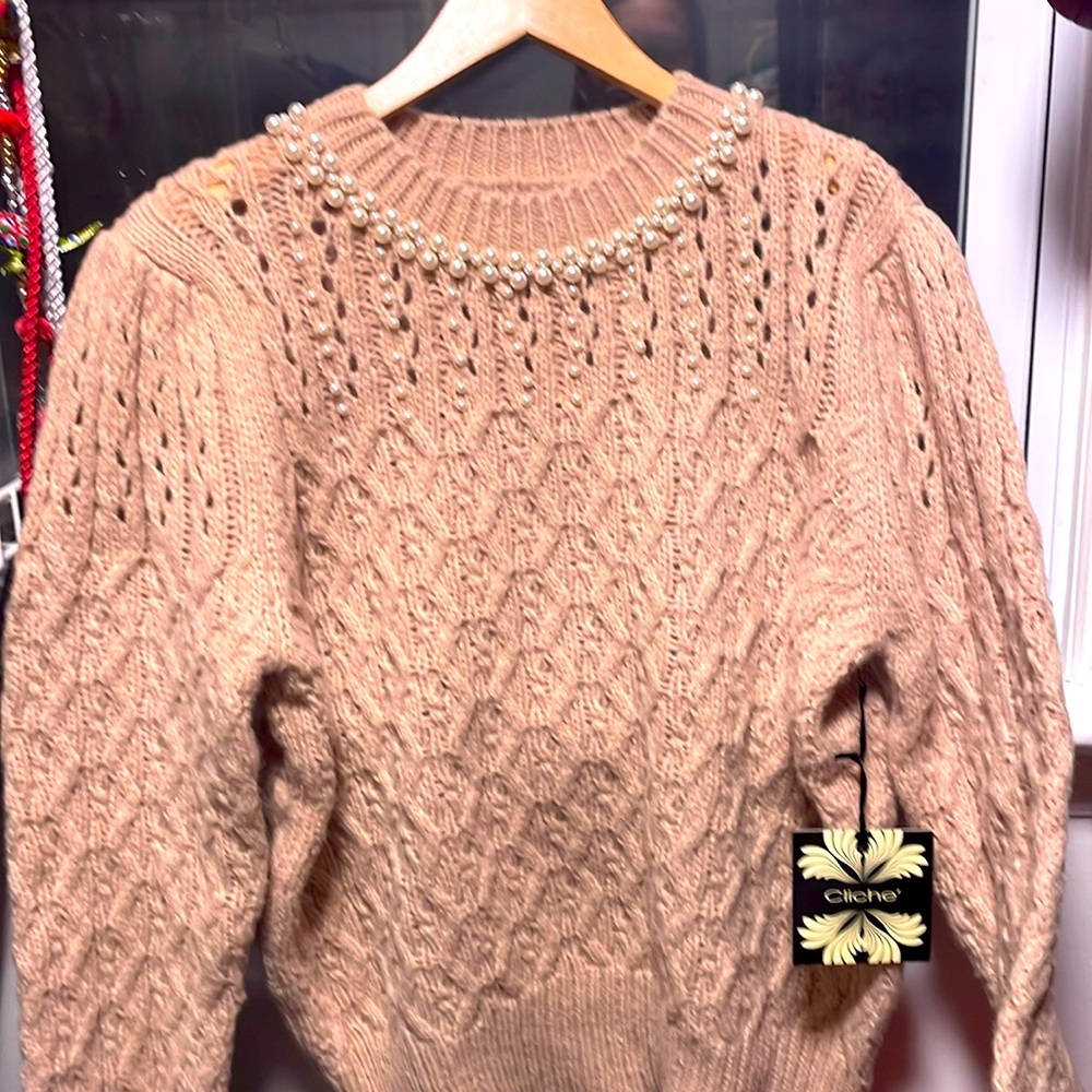 Sweater by Cliche. Size Lg. Tan pointelle & cable knit sweater